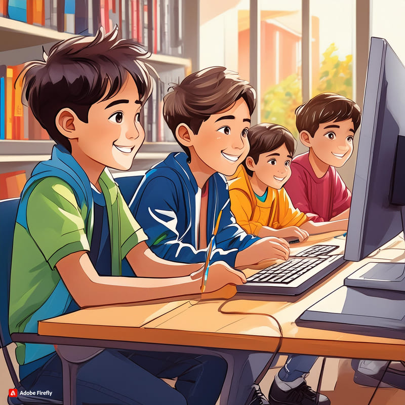 Firefly ragazzi che studiano davanti a un pc aula con 4 ragazzi 93790